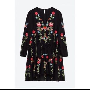 Zara Woman Black Floral Embroidered Tiered Mini Dress